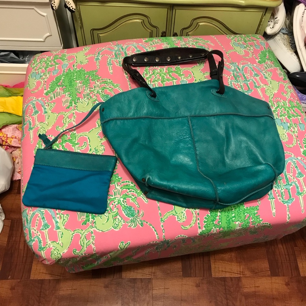 Anthropologie Holding Horses teal leather shoulder bag with wristlet